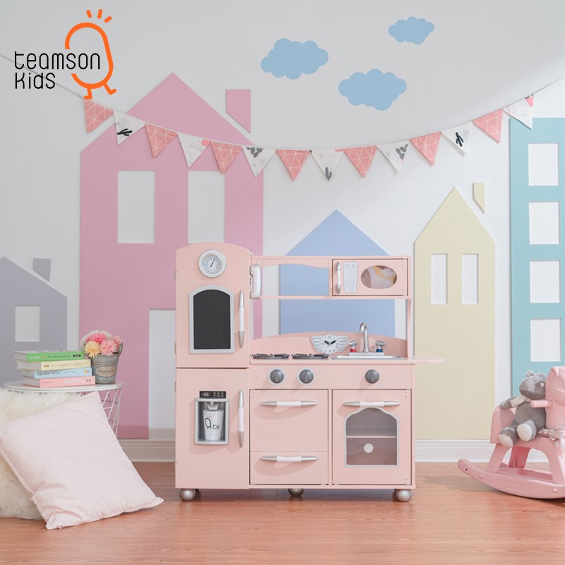 Teamson迪生家儿童房过家家厨房玩具女孩生日礼物收纳储物 粉色一体大厨房(TD-11414P)