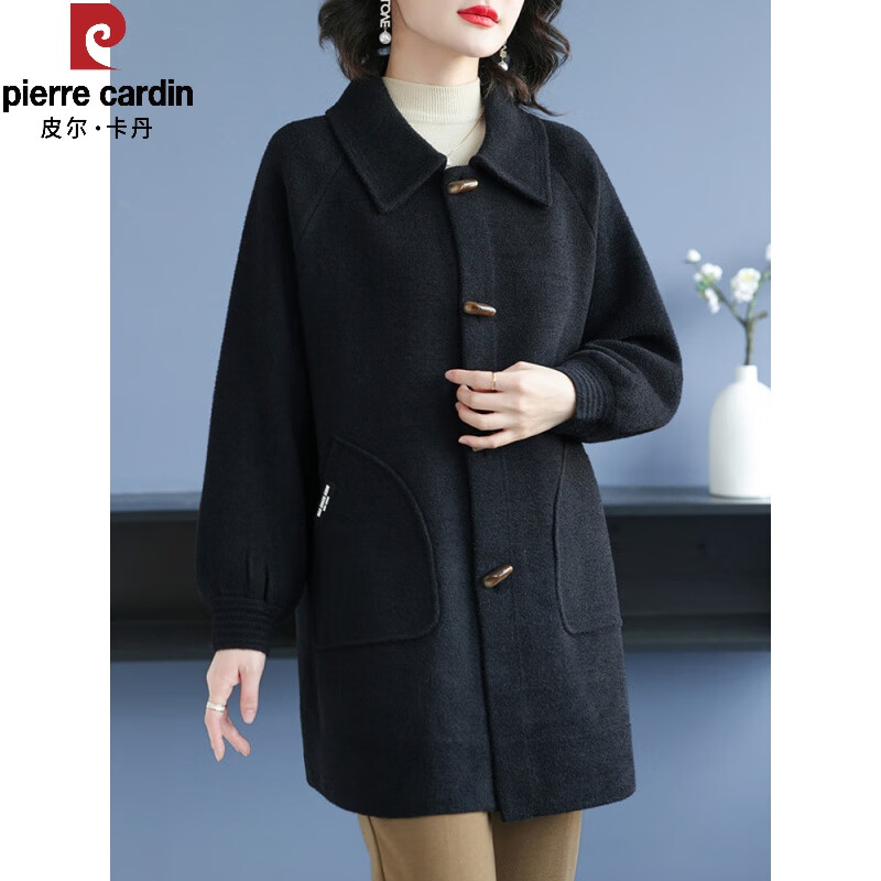 皮尔卡丹中年女士双面呢羊绒大衣女上衣宽松韩版驼色大衣中长款毛呢