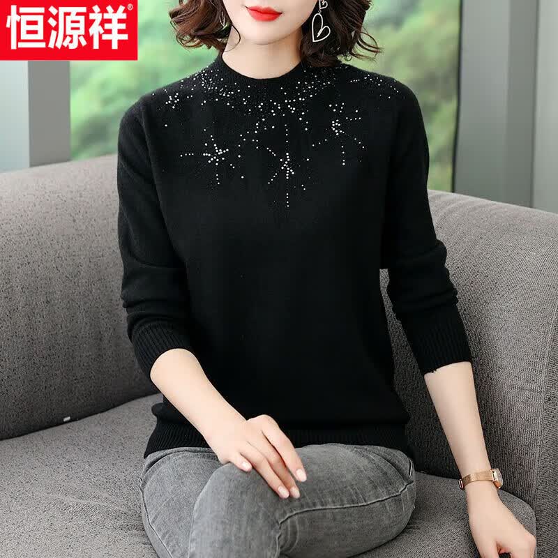 恒源祥中老年毛衣女大码圆领长袖洋气妈妈秋冬装羊毛衫针织双股打底衫女 黑色 枫叶 XL 建议110125斤属于什么档次？