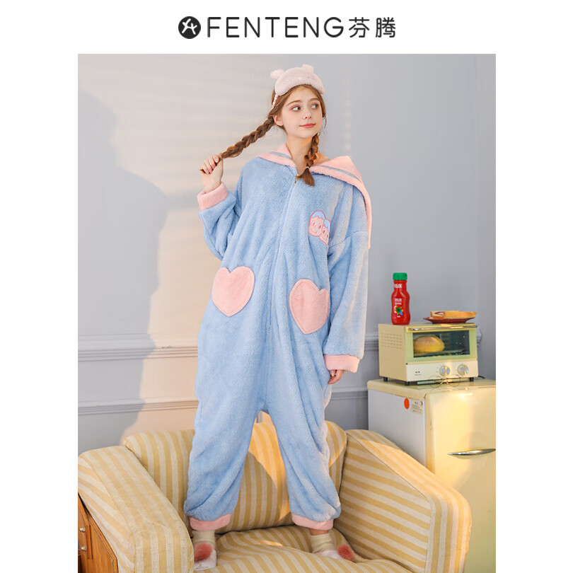 芬腾连体珊瑚绒睡衣女可外穿秋冬加绒加厚新款家居服连帽法兰绒后拉链 S