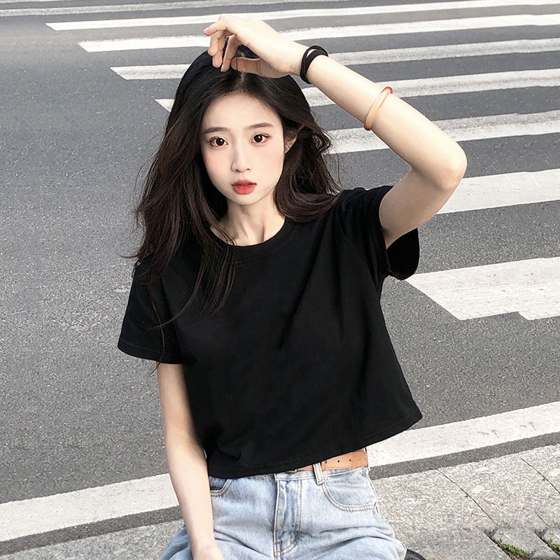 2022年夏季新款短款露肚脐纯棉ins短袖t恤女百搭纯色显瘦上衣 黑色 xl