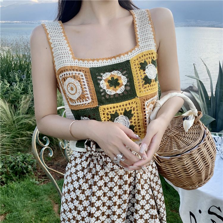 皮尔卡丹(pierre cardin)民族风针织钩花吊带背心女夏方领背带独特小