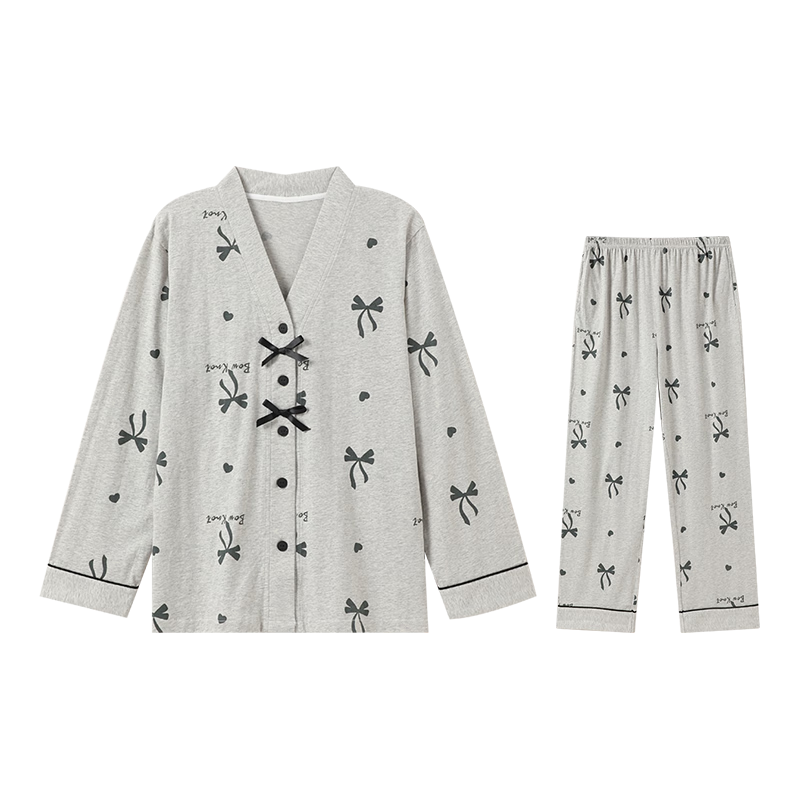 芬腾睡衣女【100%纯棉】V领开衫长袖蝴蝶结少女家居服套装 灰色 L