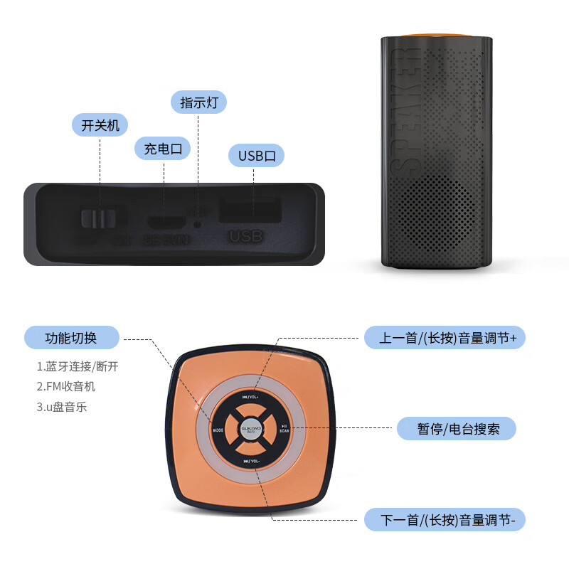 樱花无线蓝牙音箱户外便携扩音器家庭音响桌面音响无线充电低音炮U盘播放器 MS-1511BT-黑色