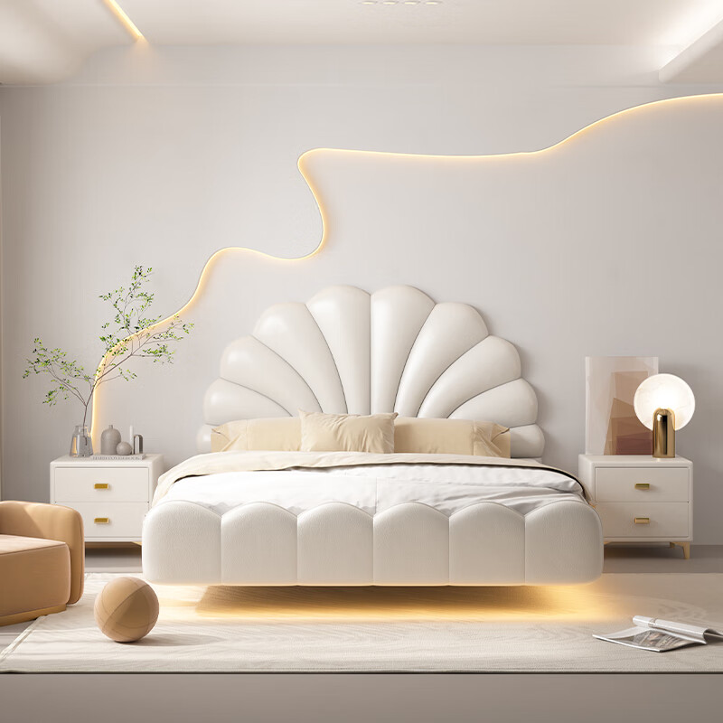 品家儿童床奶油风女孩悬浮床现代简约1米5实木单人床花瓣公主温馨皮床