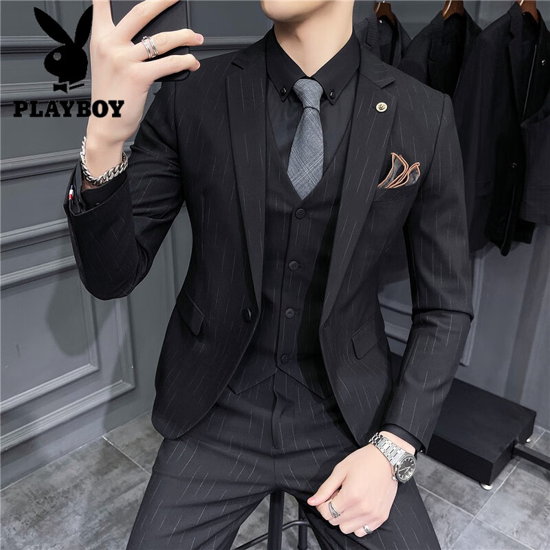 花花公子（PLAYBOY）西服男士套裝潮流韓版修身英倫新郎結(jié)婚禮服商務(wù)職業(yè)正裝休閑西裝 黑色紋理9905【西服+西褲+馬甲】 2XL 54145斤穿