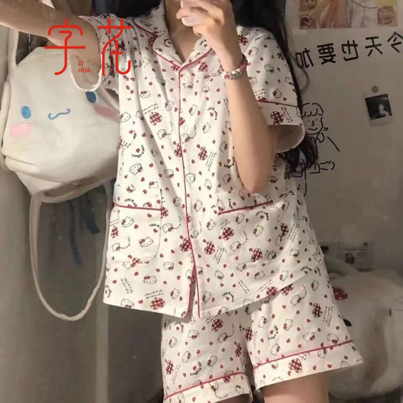 字花睡衣女夏ins日系软妹可爱卡通甜美家居服套装 美乐蒂短袖短裤