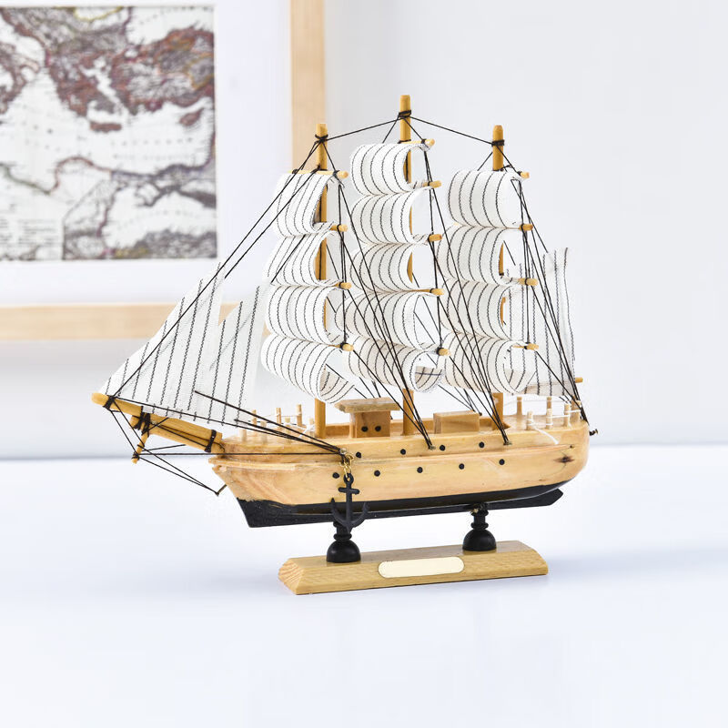 0墨斗鱼白色木质帆船模型摆件办公室开业书房摆件礼物装饰仿真实木