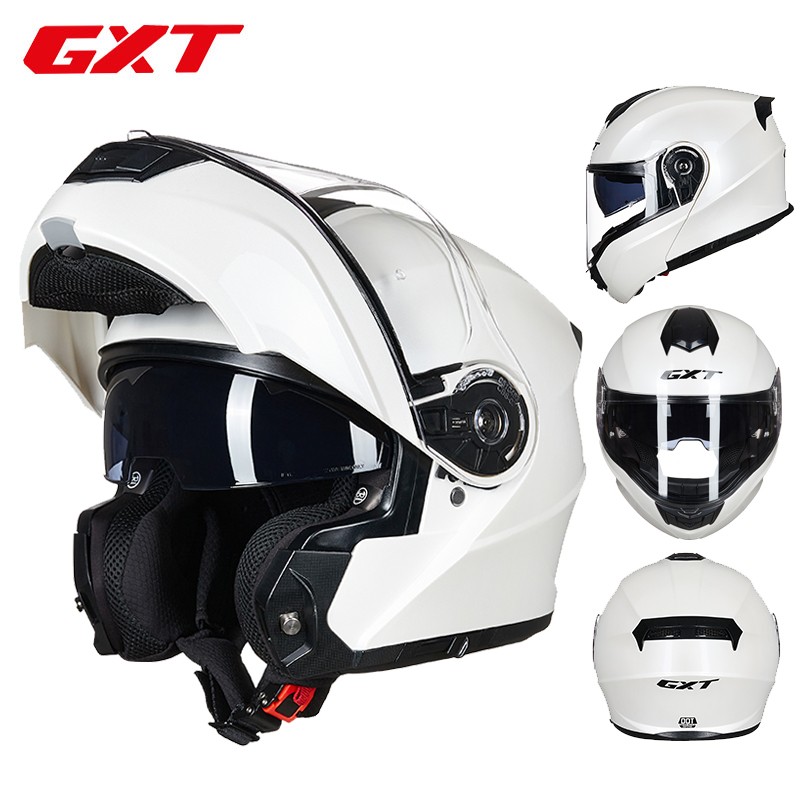 gxt摩托车头盔双镜片防雾揭面盔特大码个性男女通用安全帽四季 珍珠白