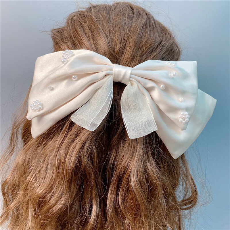 黛萝莉甜美珍珠花朵大蝴蝶结发夹两种戴法双层缎面垂感发饰感 米色