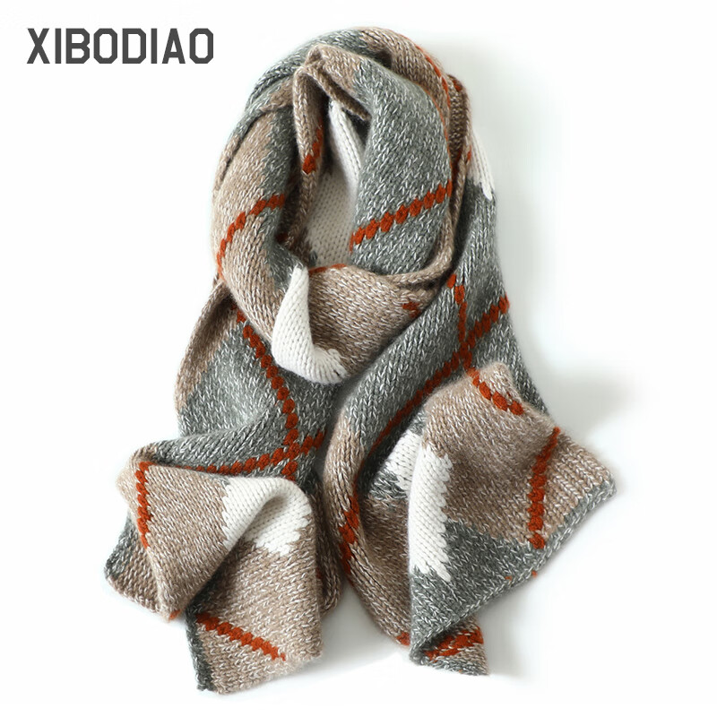 xibodiao品牌几何图案纯山羊绒围巾加厚冬毛线针织围巾百搭男女通用