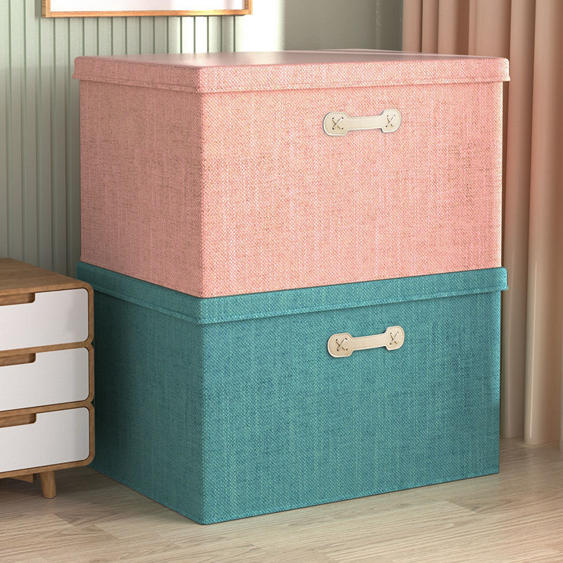 桌面收纳框有盖布艺家用大号杂物收纳衣物神器可折叠学生宿舍装书 墨绿【粗麻+承重板+皮提手】 中号：35*28*18cm