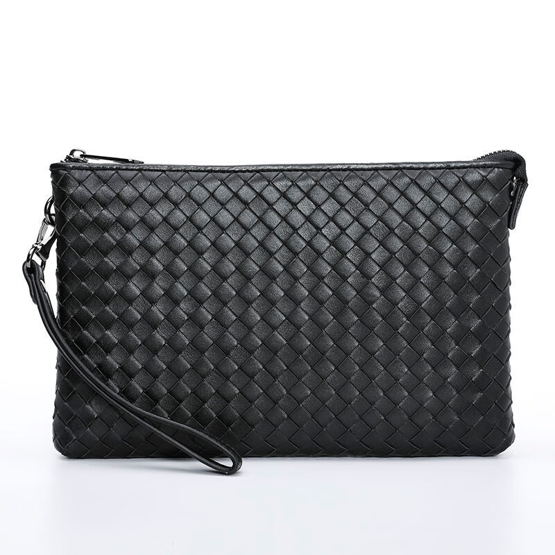 袋鼠bv风编织手拿包男真皮2023新款商务休闲羊皮男士手包大容量信封包