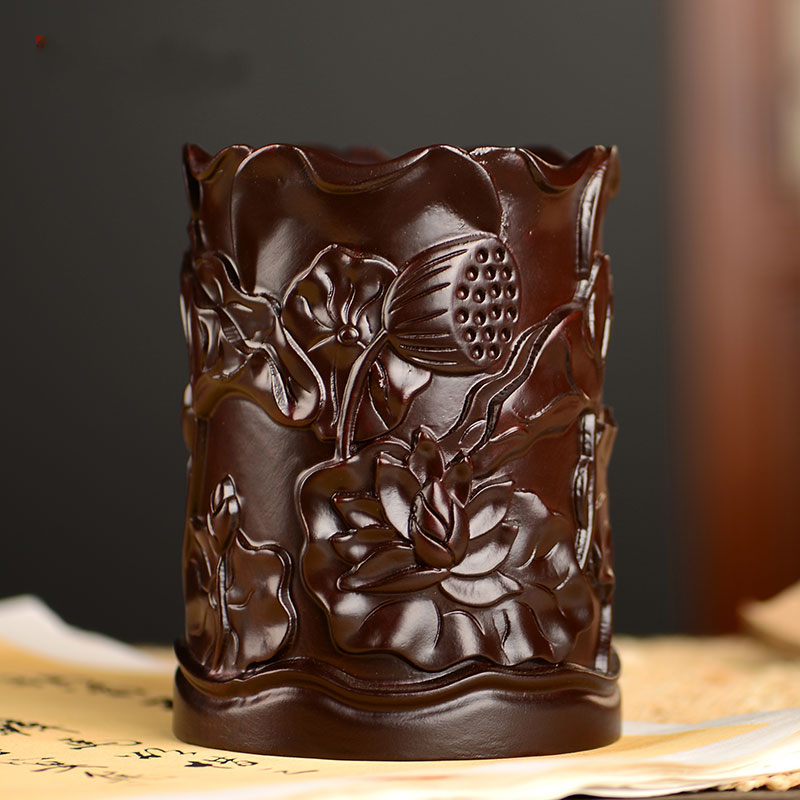 刻木东方黑檀木质笔筒摆件 办公桌收纳笔筒装饰实木教师节礼物商务