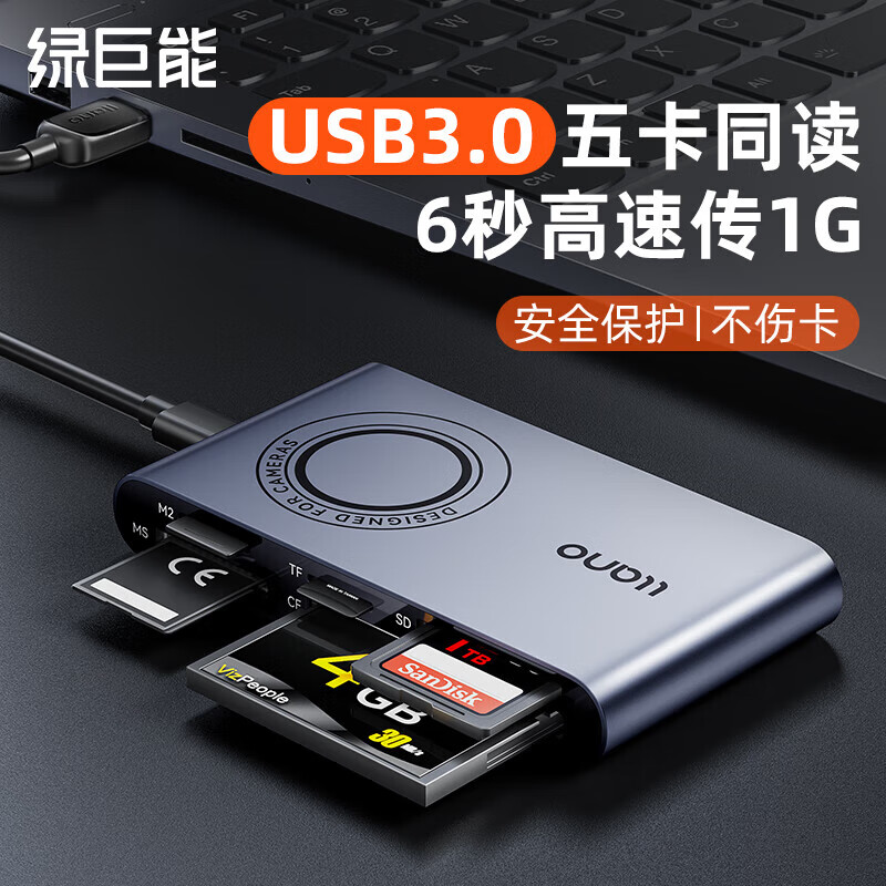 绿巨能USB3.0/Type-C读卡器 多功能五合一高速读卡 支持SD/TF/CF/MS/M2 单反相机行车记录仪监控内存卡 USB3.0多功能读卡器