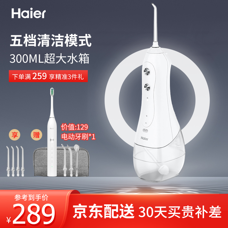 海尔（Haier)冲牙器便携/洗牙器/水牙线/超声波洁牙器智能电动冲牙器正畸牙齿清洁器预防牙结石 升级款-202W 白（含4个标准喷头、收纳袋）