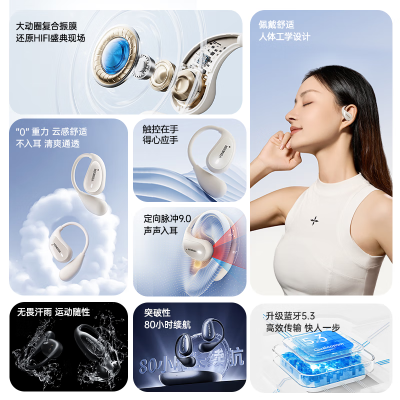 VENIDER【顶配唯立德】蓝牙耳机挂耳式骨传导耳机开放式真无线不入耳游戏运动跑步降噪耳夹适用安卓 藏天蓝【久戴不痛丨空气感佩戴】 2024新款丨维立德丨80H续航