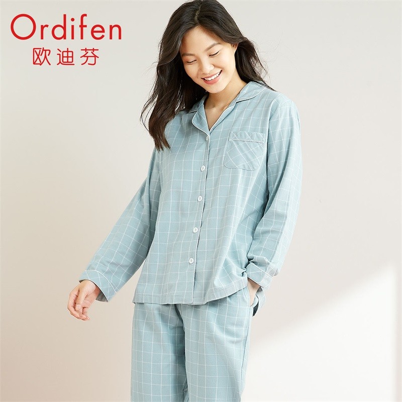 欧迪芬睡衣家居服女21年秋冬轻磨毛格纹女士家居服情侣款睡衣棉质长袖