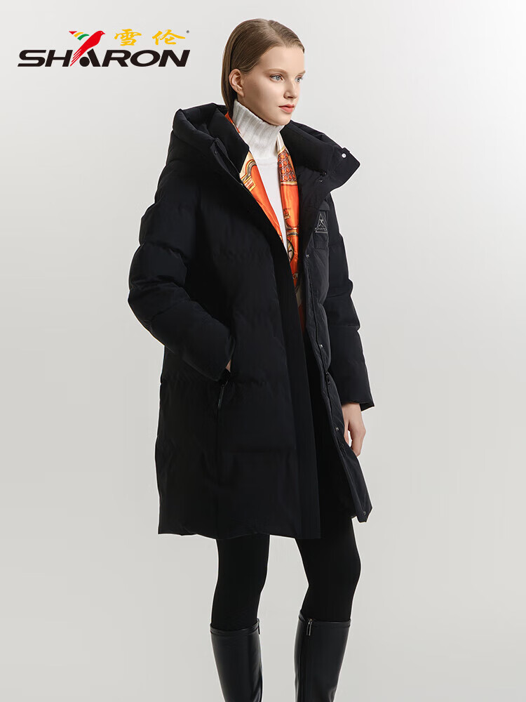 雪伦反季羽绒服女中长款连帽休闲百搭秋冬休闲通勤风 玄青黑 XL