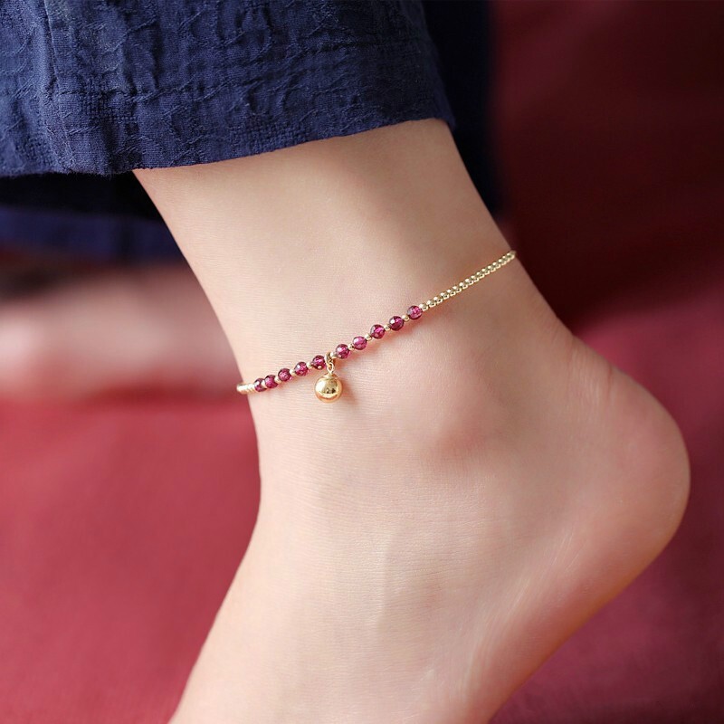 顶盈 14k包金紫牙乌脚链女 天然石榴石珠 时尚简约性感脚绳 脚环链子
