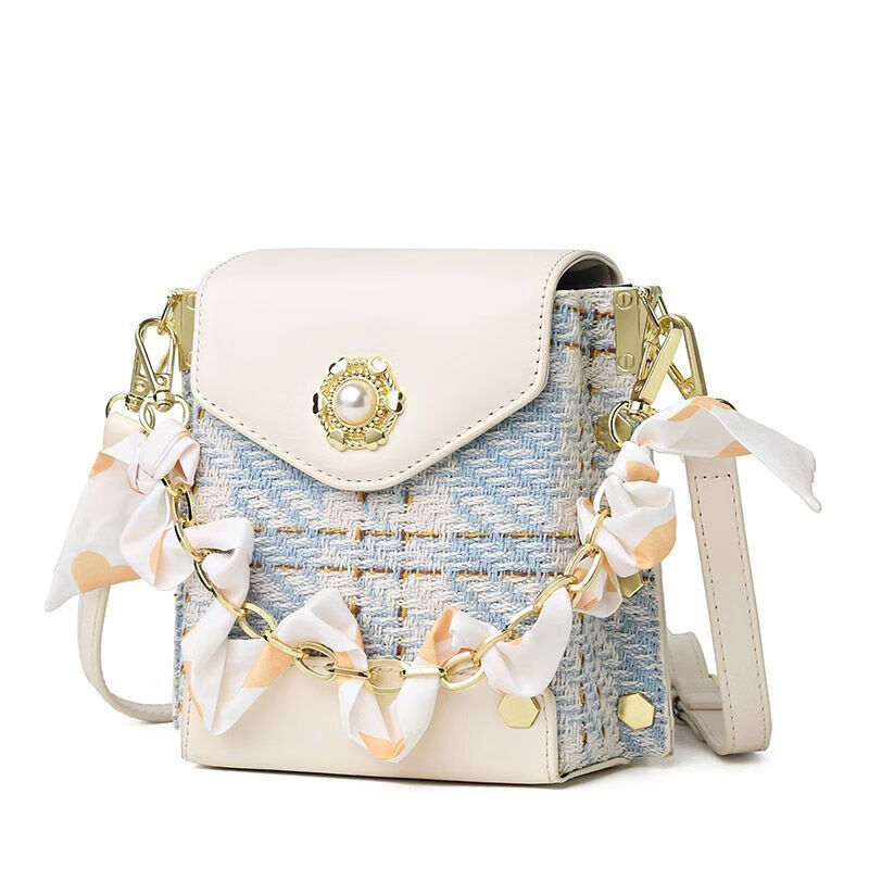 熊游客高级感小包包女百搭2025新款潮链条斜挎手机包格子小方包单肩包 浅蓝色