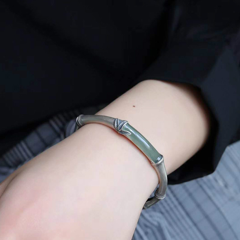 岑枫 竹节手镯女玉镯子鸭蛋青竹子古风开口手链送老师妈妈的礼物首饰