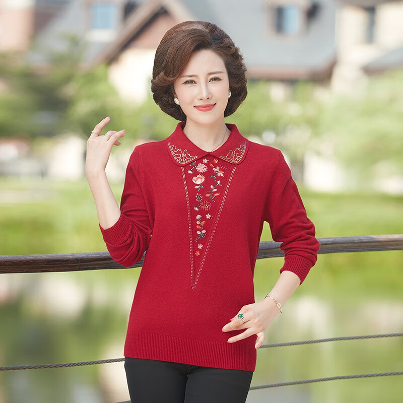 秋季毛衣女针织翻领绣花妈妈装打底衫大码宽松50岁上衣中老年女装