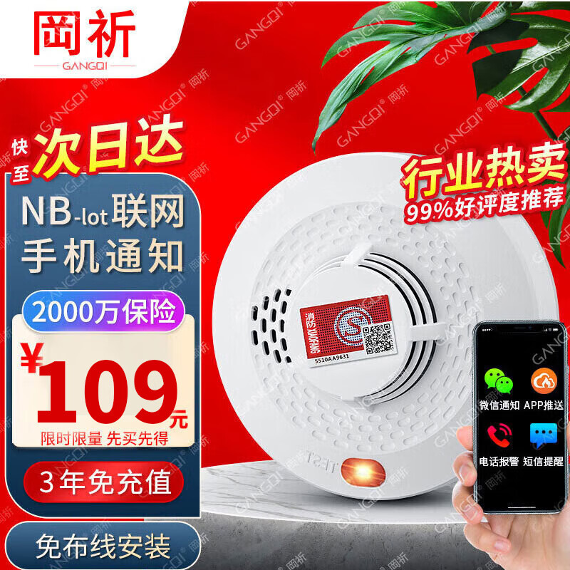 岡祈（Gangqi）远程手机通知 NB火灾烟雾报警器消防3C认证家用无线物联网防火烟感报警器商用感应探测器
