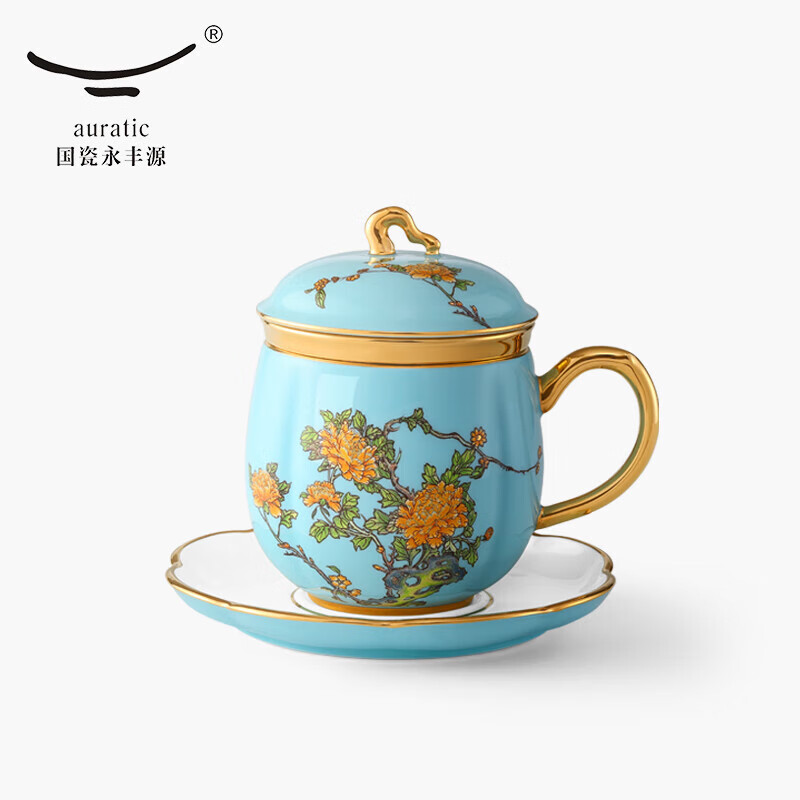 auratic国瓷永丰源 夫人瓷西湖蓝 4头陶瓷盖杯碟茶杯-蓝（280ml）