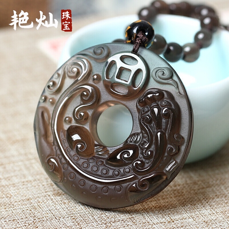 艳灿 赐福如意灵葫财乌鸦血石冰种黑曜石貔貅喜牛望岳吊坠男女送女友