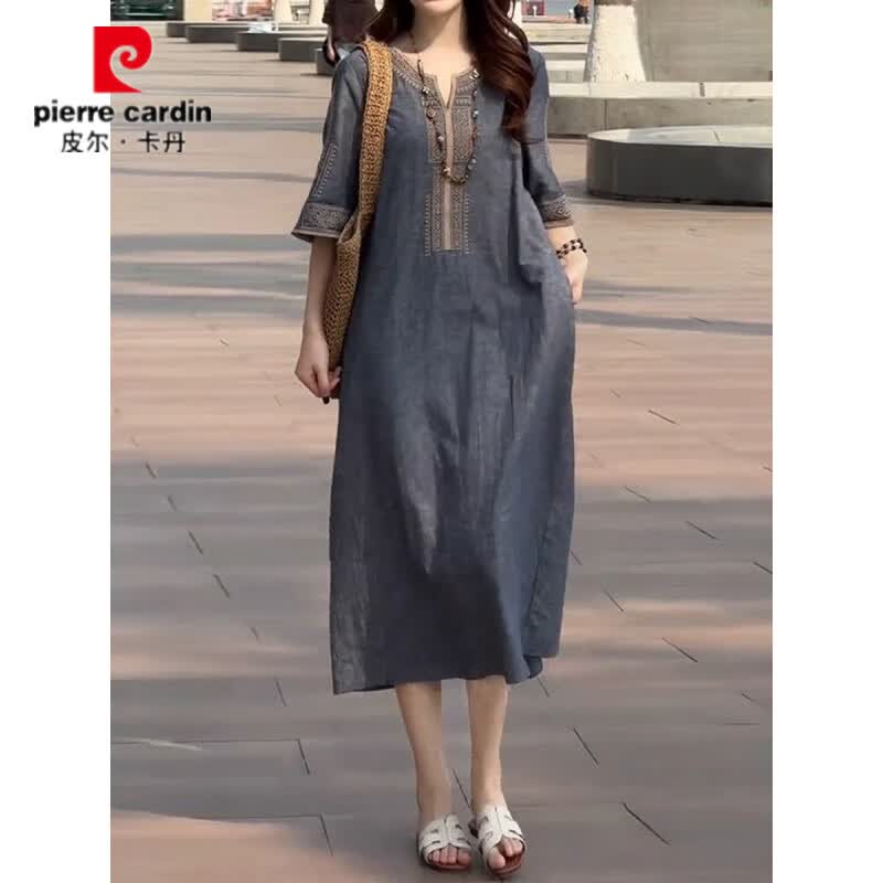 皮尔卡丹(pierre cardin)复古轻奢气质重工刺绣连衣裙女2026夏季新款大码宽松显瘦百搭裙子 牛仔蓝【高品质】 XL 【121-140斤】