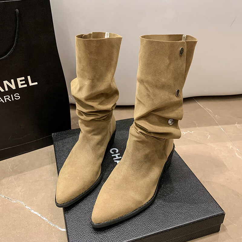 歌珀尼尖头短靴女粗跟踝靴秋冬季磨砂单靴子堆堆靴高跟鞋中筒西部牛仔