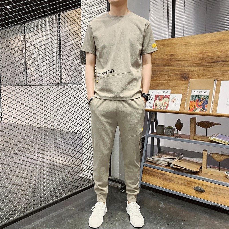 休闲运动套装男士冰丝短袖t恤男长裤一套衣服学生夏日男装潮 卡其色 m
