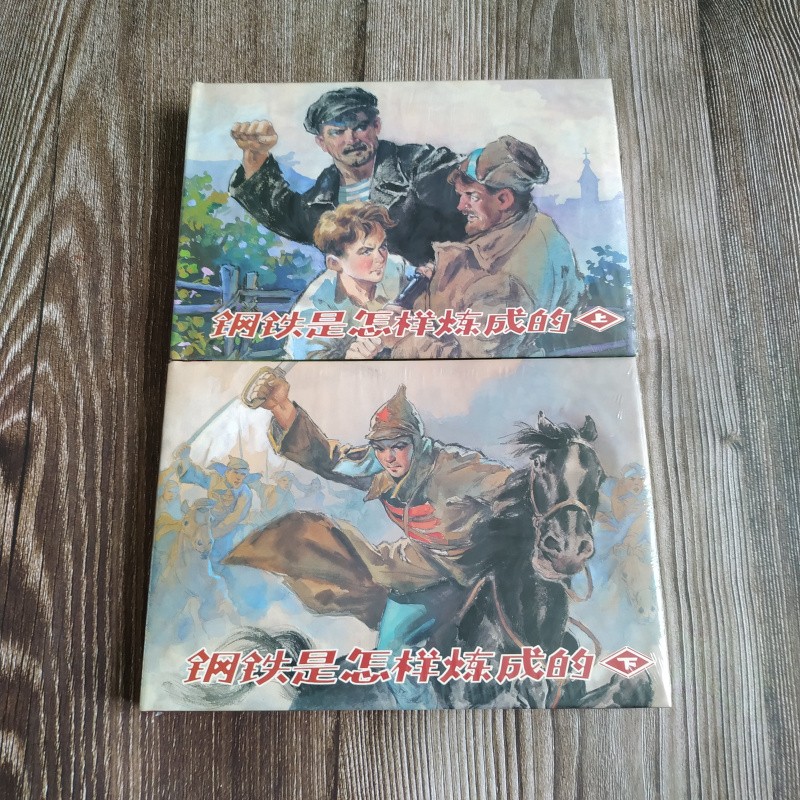 雷人版 钢铁是怎样炼成的 连环画小人书 32开大精 共2册 毅进 绘 获奖作品 连环画出版社 布脊版