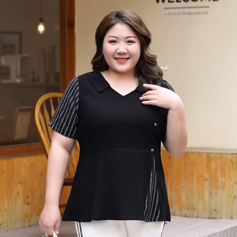 坊戚夏季胖女人雪纺衫女短袖大码200斤遮肚拼接v领