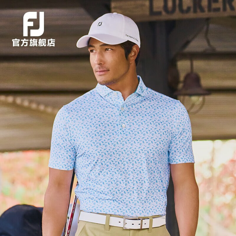 FootJoy高尔夫服装男装FJ夏季男士时尚印花短袖T恤golf运动短袖POLO衫 80442白/蓝 L