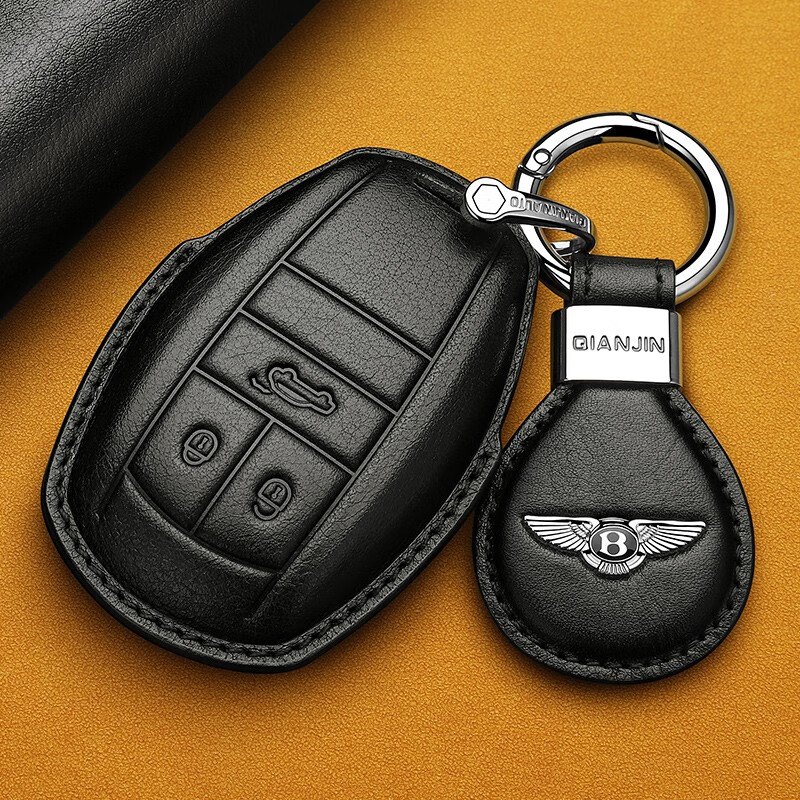 静客轩适用23款宾利钥匙套添越飞驰欧陆真牛皮钥匙包扣保护壳 黑色 大