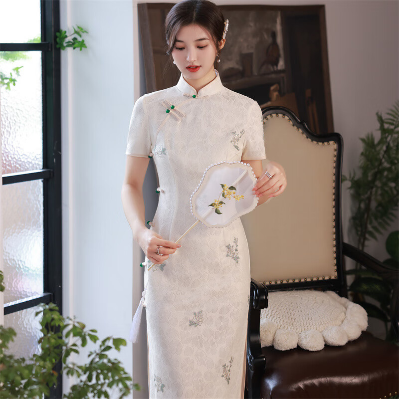 旗袍裙女2022春夏刺绣复合蕾丝中长款侧八扣旗袍连衣裙清新文艺少女