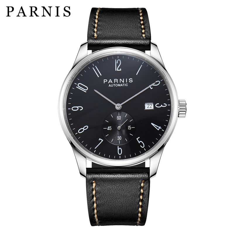 柏尼时(parnis)绅士手表 皮带男士全自动机械表独立小秒盘 日历经典