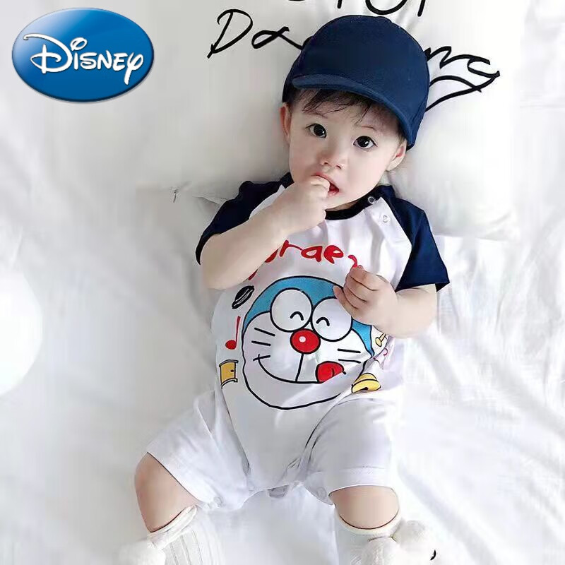 迪士尼（Disney）婴儿夏装连体衣薄款衣服:0-3-6-9-12个月新生宝宝短袖夏天外出服 藏青色:叮当猫连体半袖 73:码(4-7个月16斤以内)