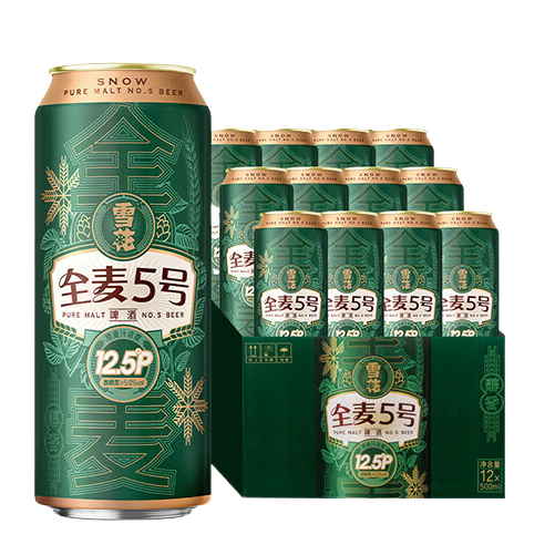雪花 啤酒 SNOW BEER全麦5号500ml*12听整箱全麦芽12.5高麦汁浓度 500mL 12罐