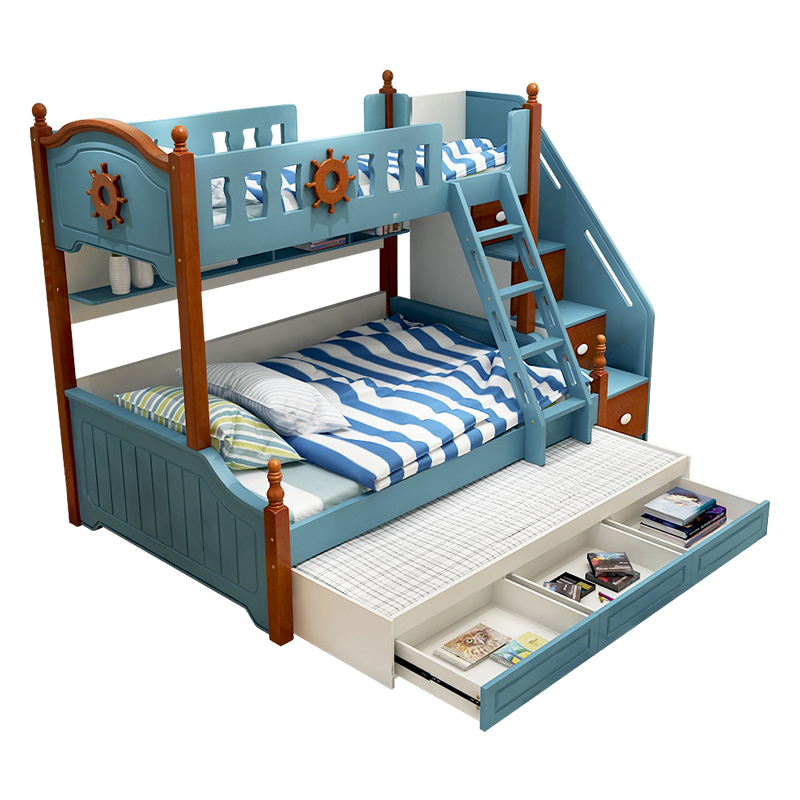 优漫佳 床儿童床上下铺床双层床高低床儿童房家具地中海实木框架子母床 (蓝)床+三抽拖床 1.5*1.9米