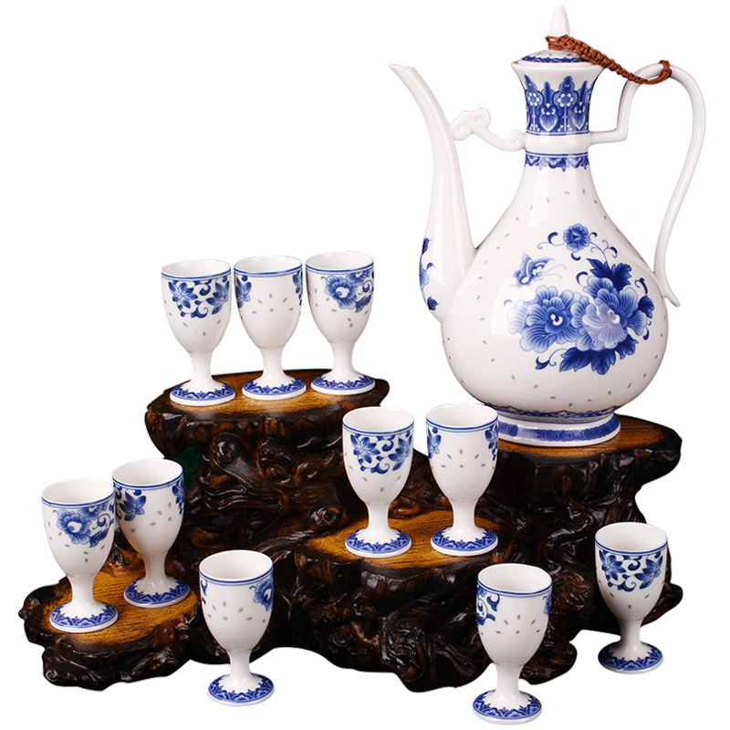 苗苗红陶瓷酒具套装中式高端景德镇青花瓷仿古白酒酒壶酒杯套装摆件 MZ 款4 荷塘清趣酒具 11件