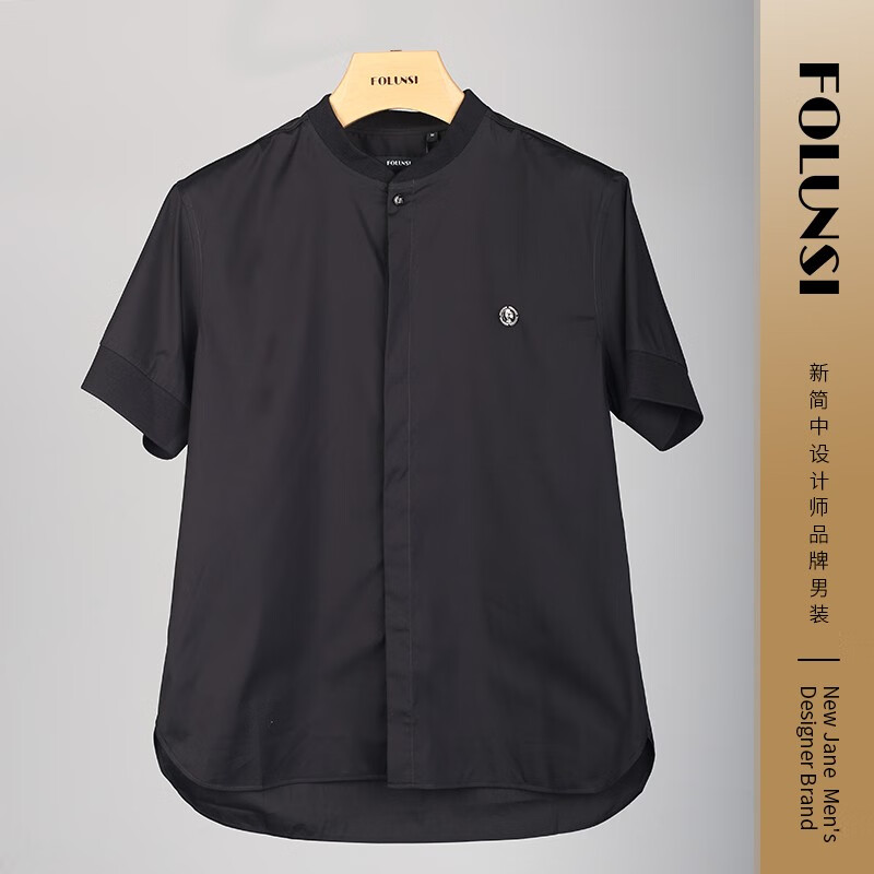 佛伦斯(folunsi)男装短袖t恤商务休闲男士衬衫半袖上衣 黑色 46/165/s