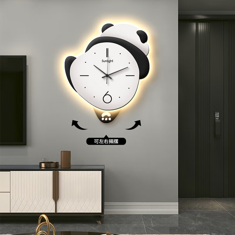 好久不见熊猫钟表客厅挂钟网红挂墙创意时钟壁灯现代简约发光家用挂表