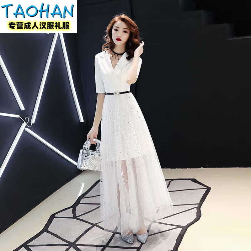 TAO HAN高端西裝式小禮服女2024春新款時(shí)尚名媛宴會(huì)聚會(huì)晚禮服裙長(zhǎng)款顯瘦 白色長(zhǎng)款 S