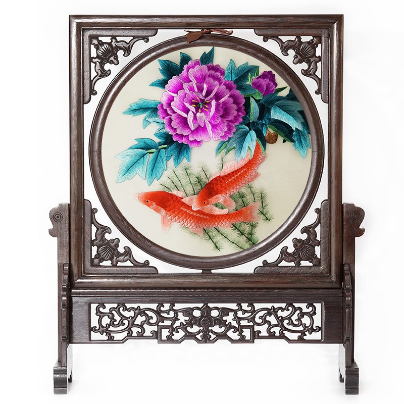 老秀馆 蜀绣手工刺绣双面绣工艺装饰屏风摆件年年有余四川特色礼品