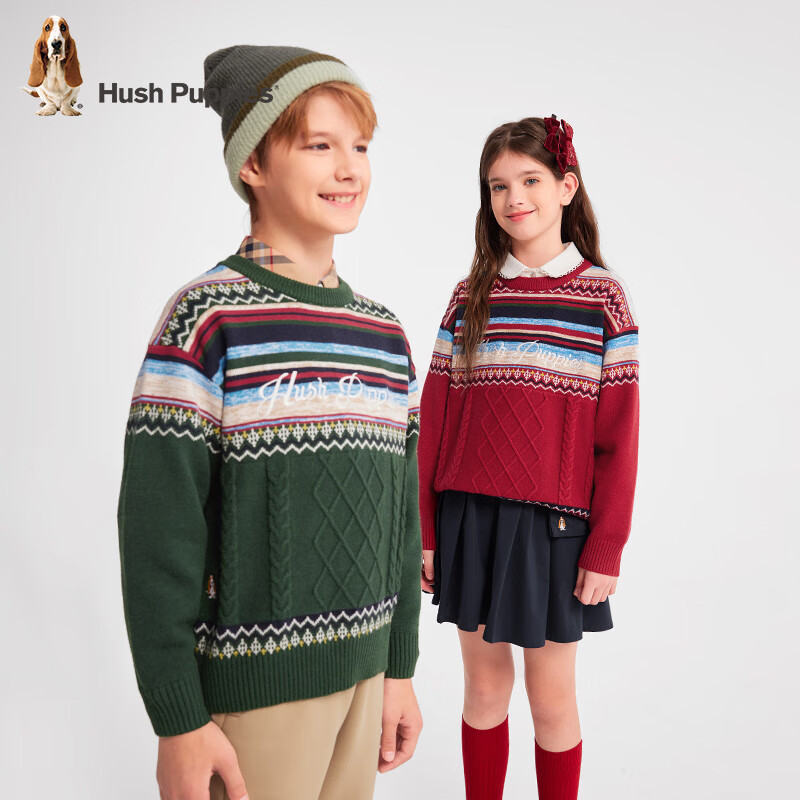 暇步士（Hush Puppies）【圣诞系列】童装儿童男女童冬季舒适透气时尚氛围感线衣 藏翠绿 160 cm