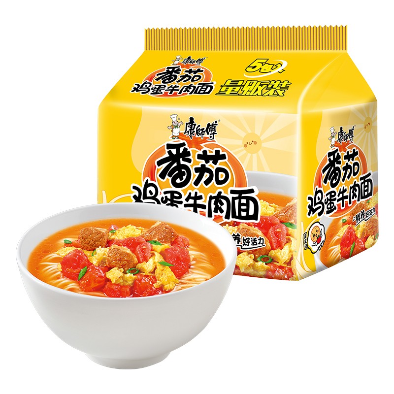 康师傅方便面 番茄鸡蛋牛肉面104g*5包 泡面袋装 早餐速食 严选新疆番茄纯粮鸡蛋 营养好面