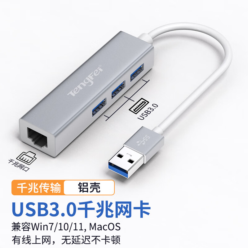 Tengfei腾飞usb转网口转换器以太网口转typec接口笔记本外置千兆网卡rj45拓展坞连接器3.0多接口网线转换 USB3.0千兆网卡+3个3.0USB【铝合金】